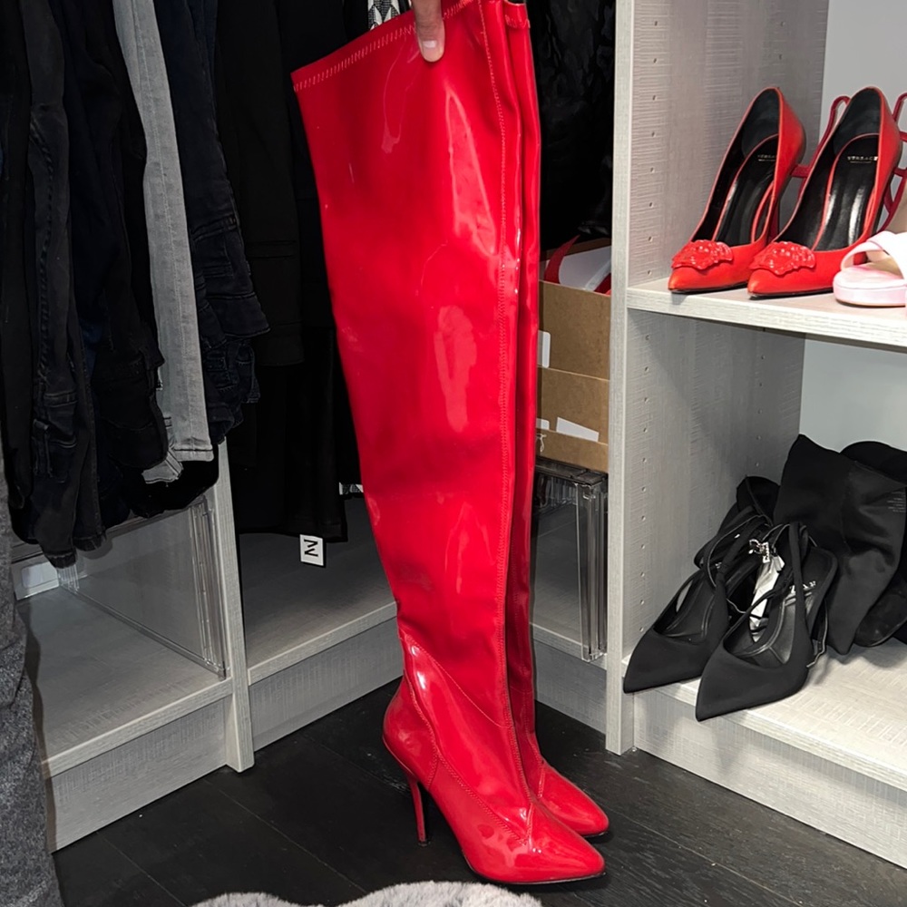 PLEASER OVER THE KNEE HEEL BOOTS RED